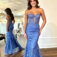 Sweetheart Strapless Blue Lace Long Mermaid Prom Dresses with Appliques ,PD230923 - Thumbnail 2