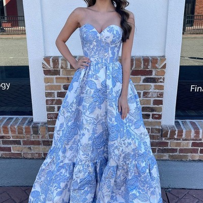 Cute strapless jacquard satin a line long prom dresses ,pd230924