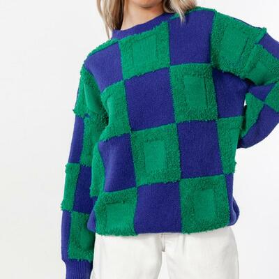Blue green checker pullover knit sweater