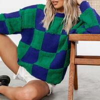 Blue Green Checker Pullover Knit Sweater - Thumbnail 1