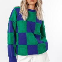 Blue Green Checker Pullover Knit Sweater - Thumbnail 2