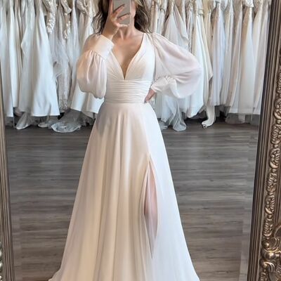 Elegant a line long sleeve beach boho wedding dress bridal gowns