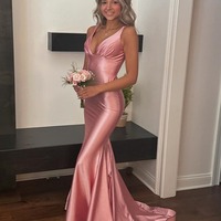 Charming V Neck Pink Elastic Satin Long Mermaid Prom Dress,PD230928 - Thumbnail 1