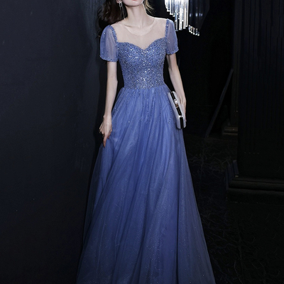 Blue tulle beads long prom dress, beautiful short sleeve evening party dress - Thumbnail 1
