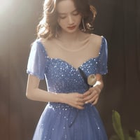Blue Tulle Beads Long Prom Dress, Beautiful Short Sleeve Evening Party Dress - Thumbnail 1