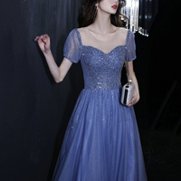 Blue Tulle Beads Long Prom Dress, Beautiful Short Sleeve Evening Party Dress - Thumbnail 2