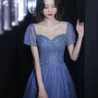 Blue Tulle Beads Long Prom Dress, Beautiful Short Sleeve Evening Party Dress - Thumbnail 3