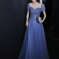Blue Tulle Beads Long Prom Dress, Beautiful Short Sleeve Evening Party Dress - Thumbnail 4
