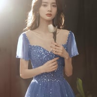 Blue Tulle Beads Long Prom Dress, Beautiful Short Sleeve Evening Party Dress - Thumbnail 5