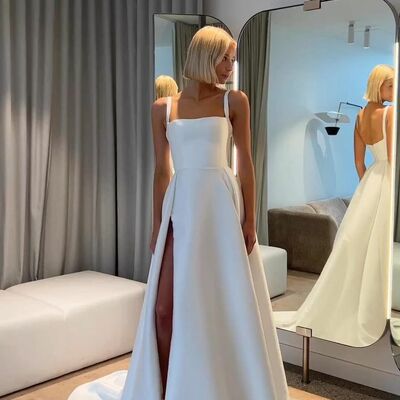 Elegant sleeveless side slit beach boho wedding dress bridal gowns
