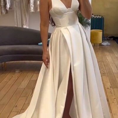 Elegant a line side slit sleeveless beach boho wedding dress bridal gowns