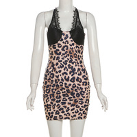 Sexy leopard print contrast color stitching lace V-neck backpack hip dress - Thumbnail 3