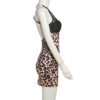 Sexy leopard print contrast color stitching lace V-neck backpack hip dress - Thumbnail 4