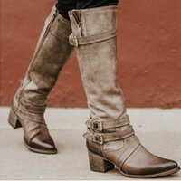 High boots with pointed straps thick heels motorcycle boots 2 colors - Thumbnail 1