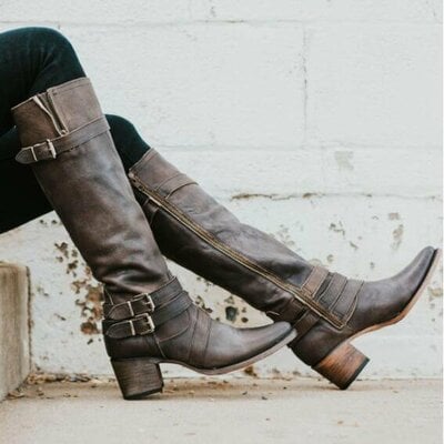 High boots with pointed straps thick heels motorcycle boots 2 colors - Thumbnail 1