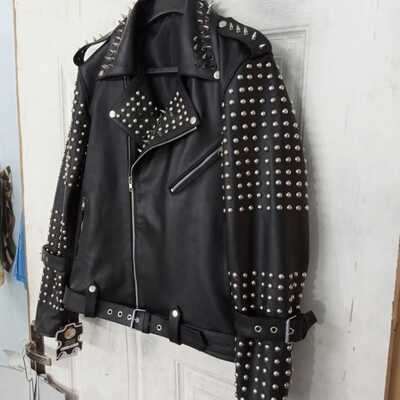 Crafted leather men classic silver studded punk rock black leather jacket  - Thumbnail 2