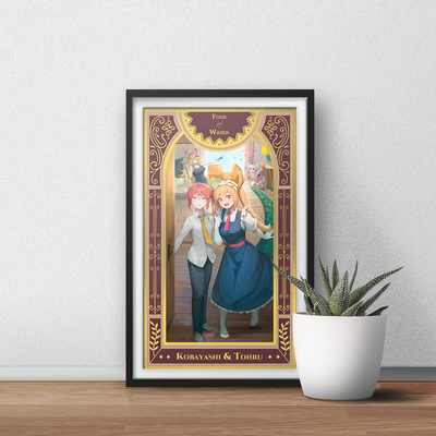 Kobayashi and tohru art print | gold metallic dragonmaid painting | isekai tarot collector print 