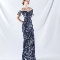 Off Shoulder Luxury Beading Evening Dress - Thumbnail 2