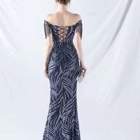 Off Shoulder Luxury Beading Evening Dress - Thumbnail 3