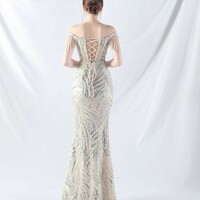 Off Shoulder Luxury Beading Evening Dress - Thumbnail 5