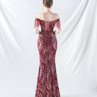 Off Shoulder Luxury Beading Evening Dress - Thumbnail 7