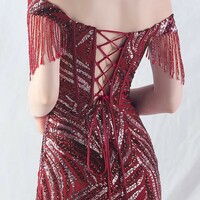 Off Shoulder Luxury Beading Evening Dress - Thumbnail 8
