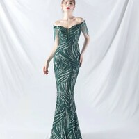 Off Shoulder Luxury Beading Evening Dress - Thumbnail 9