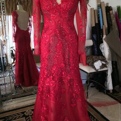 Elegant mother of the bride/groom dress red long sleeve lace appliques evening formal prom dress