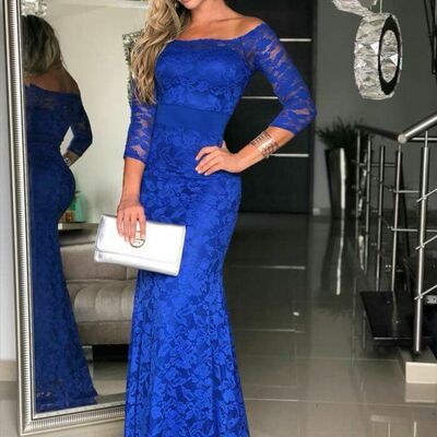 Elegant mother of the bride/groom dress royal blue 1/2 long sleeve lace evening formal prom dress