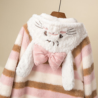Cute Bunny Ear Striped Hoodie Flannel Nightgown Nightwear  - Thumbnail 4