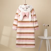 Cute Bunny Ear Striped Hoodie Flannel Nightgown Nightwear  - Thumbnail 3