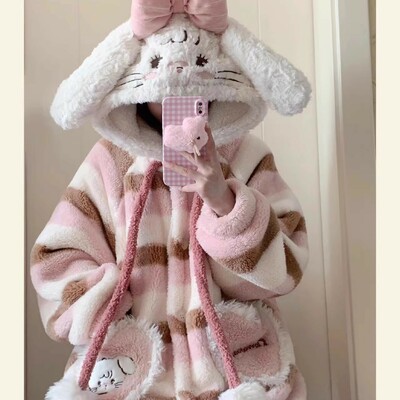Cute bunny ear striped hoodie flannel nightgown nightwear 