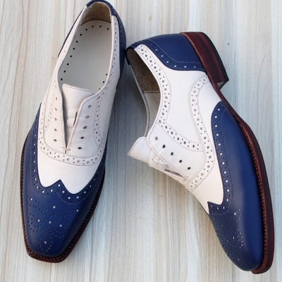 Crafted leather classic blue white leather wingtip oxford dress shoes - Thumbnail 4