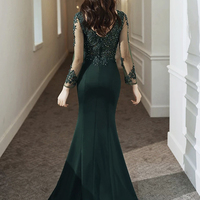 Green Lace Long Prom Dress, Mermaid Long Sleeve Evening Party Dress - Thumbnail 3