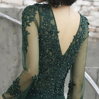 Green Lace Long Prom Dress, Mermaid Long Sleeve Evening Party Dress - Thumbnail 4