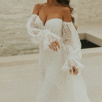 Boho Lace Off Shoulder Wedding Dress, Lace Bridal Dress Wedding Gown  - Thumbnail 6