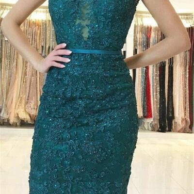 Elegant mother of the bride/groom dress green lace tea-length evening formal prom dress