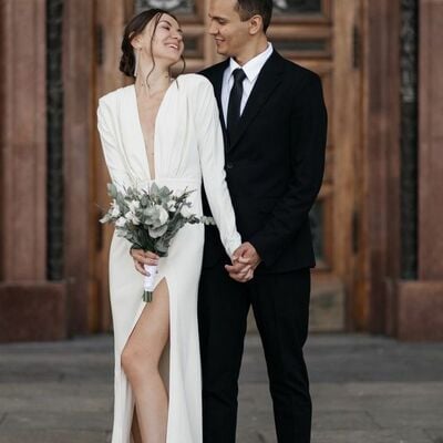 Sheath wedding dress, deep v-neck wedding gown, satin wedding dresses