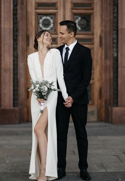 Sheath Wedding Dress, Deep V-neck Wedding Gown, Satin Wedding Dresses