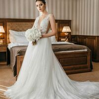 A-line Wedding Dress, Luxury Deep V-neck Wedding Gown, Tulle Wedding Dresses - Thumbnail 1