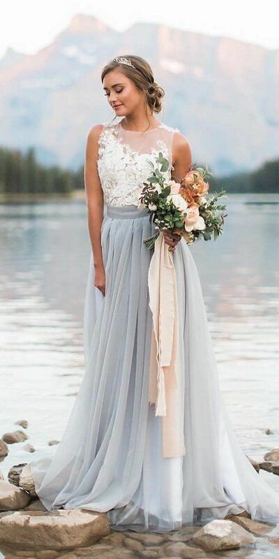 A-line Wedding Dress, Blue Tulle Wedding Gown, Appliques Bodice Wedding Dresses