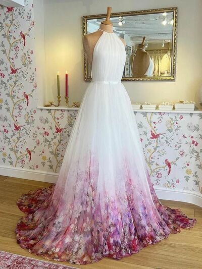 Floral Wedding Dress, Flowers Print Chiffon Wedding Dress Wedding Gown