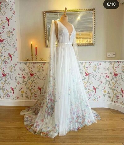 A-line Floral Wedding Dress, Flowers with Shawl Wedding Dress Wedding Gown