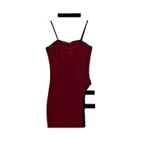 Split agent cheongsam uniform chic red velvet suspender dress - Thumbnail 3