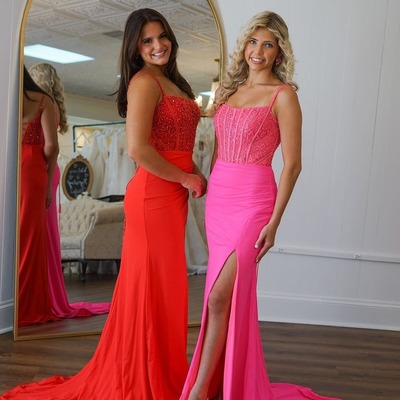Cute scoop neck red satin long mermaid prom dress with beading,pd230932
