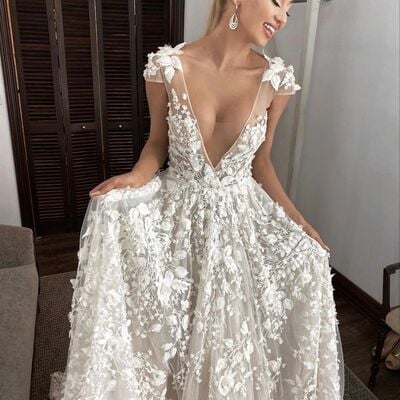 Bling bling luxury floral wedding dress, flowers appliques fabulous wedding dress wedding gown - Thumbnail 4