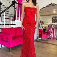 Charming Strapless Red Sequins Lace Long Mermaid Prom Dresses with Bow,PD230935 - Thumbnail 1