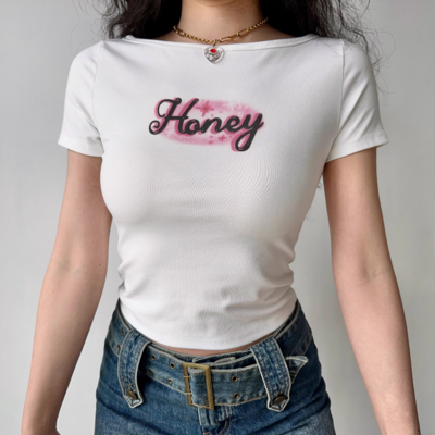 Women's white straight shoulder t-shirt high waist slim short sleeve top - Thumbnail 5