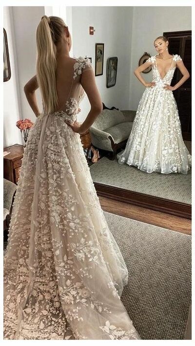 Bling Bling Luxury Floral Wedding Dress, Flowers Appliques Fabulous Wedding Dress Wedding Gown
