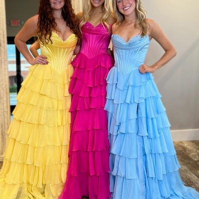 Cute a-line yellow sweetheart ruffle chiffon tiered long prom dress with split,pd230936